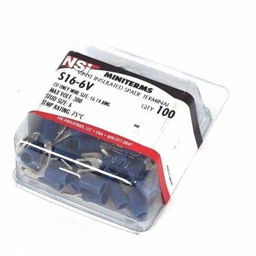 LOT OF 100 NEW NSI S16-6V VINYL INSULATED SPADE TERMINALS 16-14 AWG, 300 V MAX