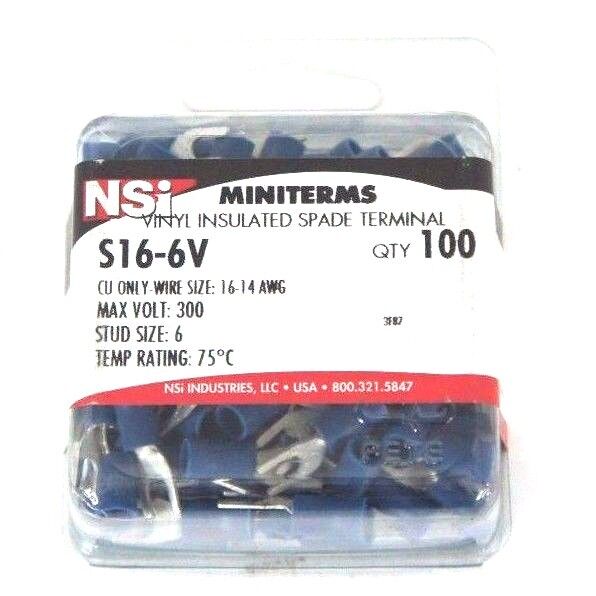 LOT OF 100 NEW NSI S16-6V VINYL INSULATED SPADE TERMINALS 16-14 AWG, 300 V MAX