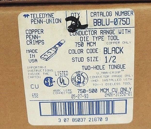 BOX OF 2 NEW TELEDYNE PENN-UNION BBLU-075D COPPER CRIMPS BLACK 1/2", 750MCM