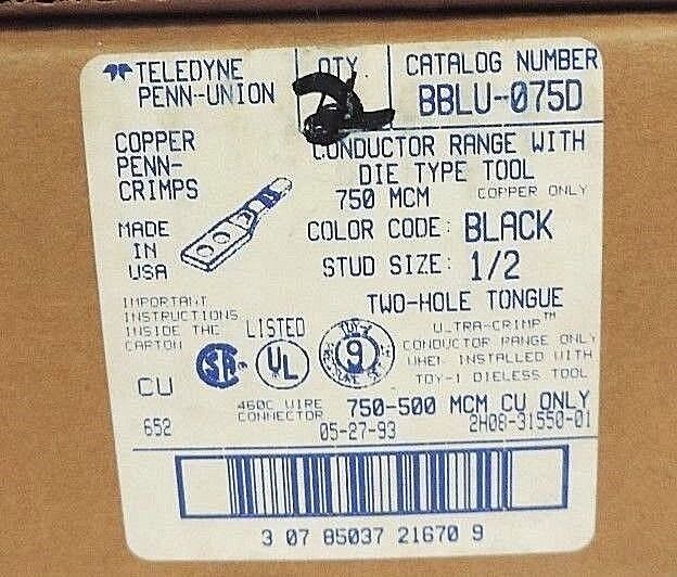 BOX OF 2 NEW TELEDYNE PENN-UNION BBLU-075D COPPER CRIMPS BLACK 1/2", 750MCM