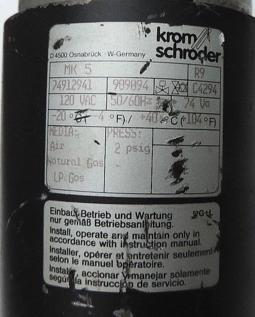 KROM SCHRODER MK-5 SOLENOID VALVE 74912941, 989894, C4294, 120VAC, 50/60HZ, 74V
