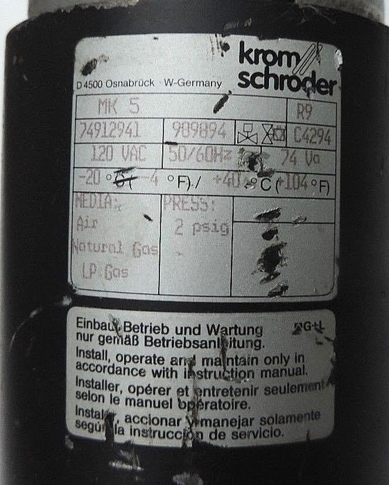KROM SCHRODER MK-5 SOLENOID VALVE 74912941, 989894, C4294, 120VAC, 50/60HZ, 74V