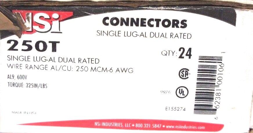 BOX OF 4 NEW NSI 250T CONNECTORS SINGLE LUG-AL DUAL RATED