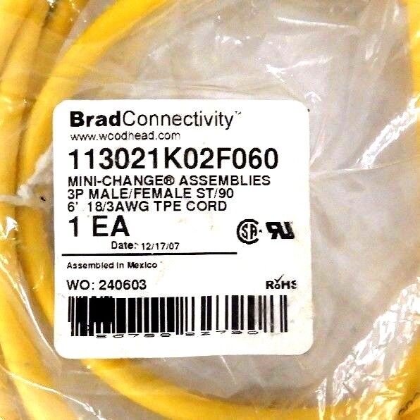 NIB BRAD HARRISON 113021K02F060 MINI CHANGE CORDSET 3P MALE/FEMALE ST 90