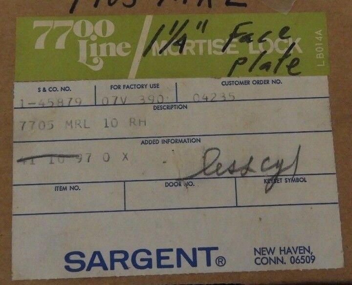 NIB SARGENT 7705-MRL-10-RH MORTISE LOCK, 7700 LINE, 1-45879