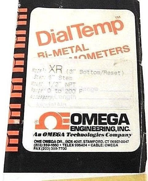 NIB OMEGA XR-0-200F-6-1/2 DIALTEMP BI-METAL THERMOMETERS, 0 TO 200F, 6" STEM