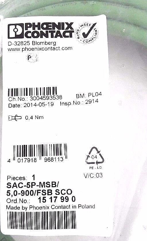 NEW PHOENIX CONTACT SAC-5P-MSB/5,0-900/FSB SCO CABLE ORD. NO. 1517990