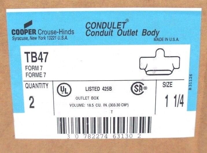 NIB COOPER CROUSE HINDS TB47 CONDUIT BODY OUTLET BOX FORM 7, 18.5 CU IN, 1-1/4"