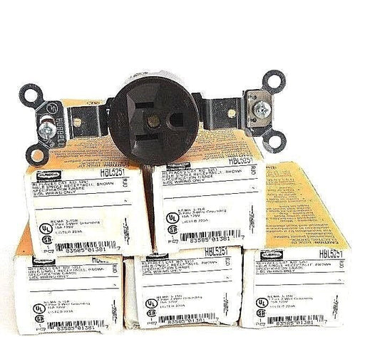 LOT OF 5 NIB HUBBELL HBL5251 RECEPTACLES, SINGLE, MARINE, 15A, 125V, BROWN