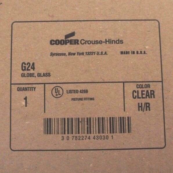 NIB COOPER CROUSE-HINDS G24 CLEAR GLASS GLOBE FOR LIGHT FIXTURE