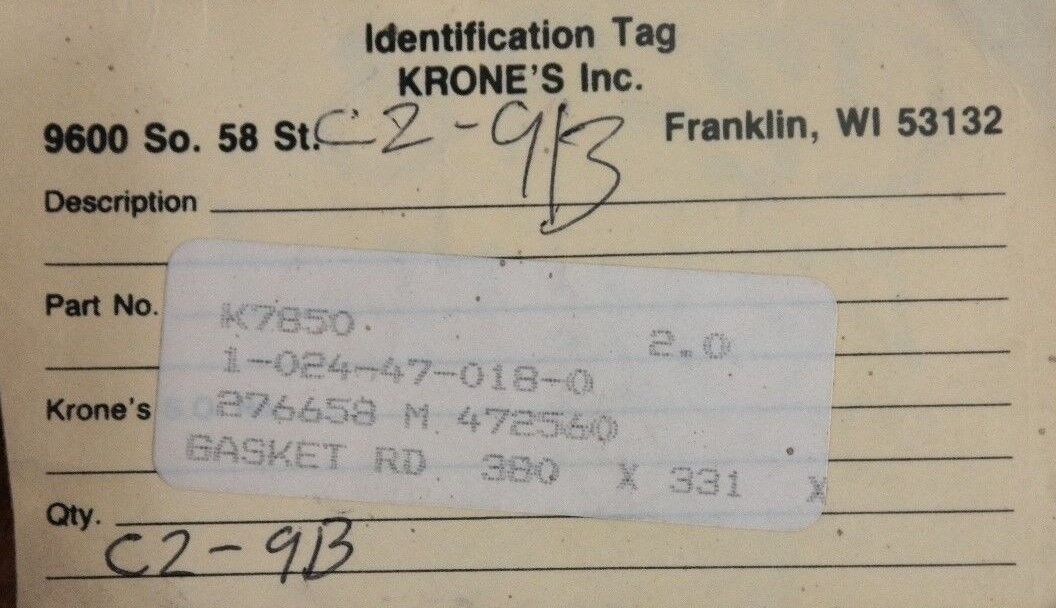 LOT OF 2 KRONES 1-024-47-018-0 GASKETS 380 X 331 1024470180