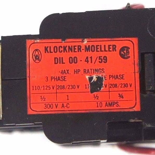 KLOCKNER MOELLER DIL 00-41/59 CONTACTOR RELAY 125V, 10AMP, 3 PHASE