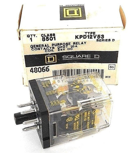 NIB SQUARE D 8501-KPD12V53 GENERAL PURPOSE RELAY 8501KPD12V53, SER. D, 24V DC