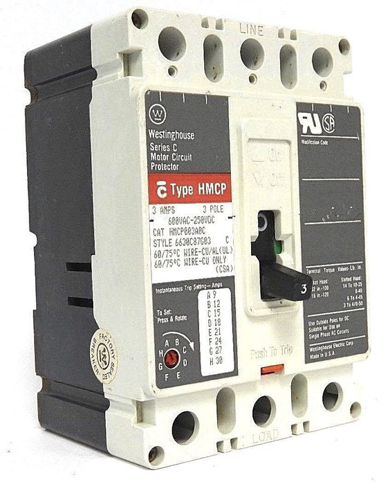 WESTINGHOUSE HMCP003A0C CIRCUIT BREAKER S# 6630C87G03, 3 AMPS, SERIES C