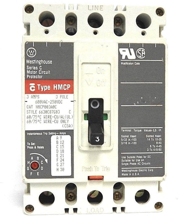 WESTINGHOUSE HMCP003A0C CIRCUIT BREAKER S# 6630C87G03, 3 AMPS, SERIES C