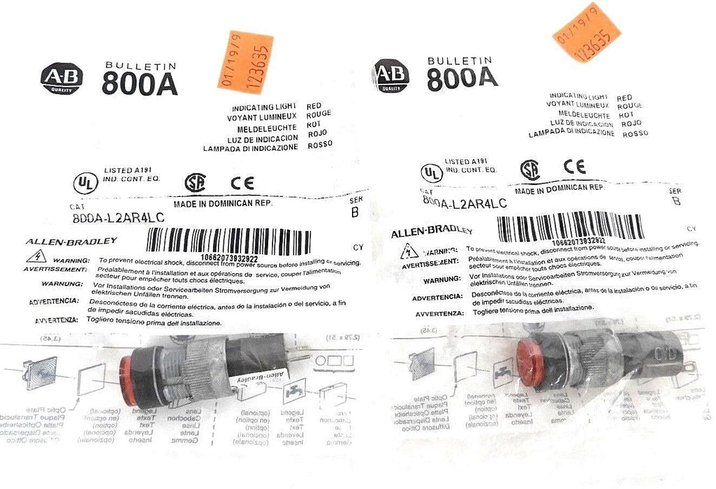 LOT OF 2 NEW ALLEN BRADLEY 800A-L2AR4LC INDICATING LIGHTS RED SER. B