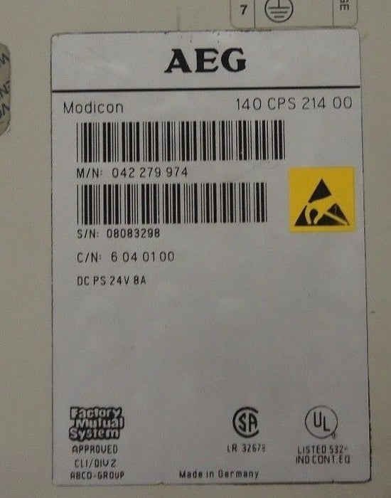AEG MODICON 140-CPS-214-00 POWER SUPPLY 8AMP 24VDC, 140CPS21400