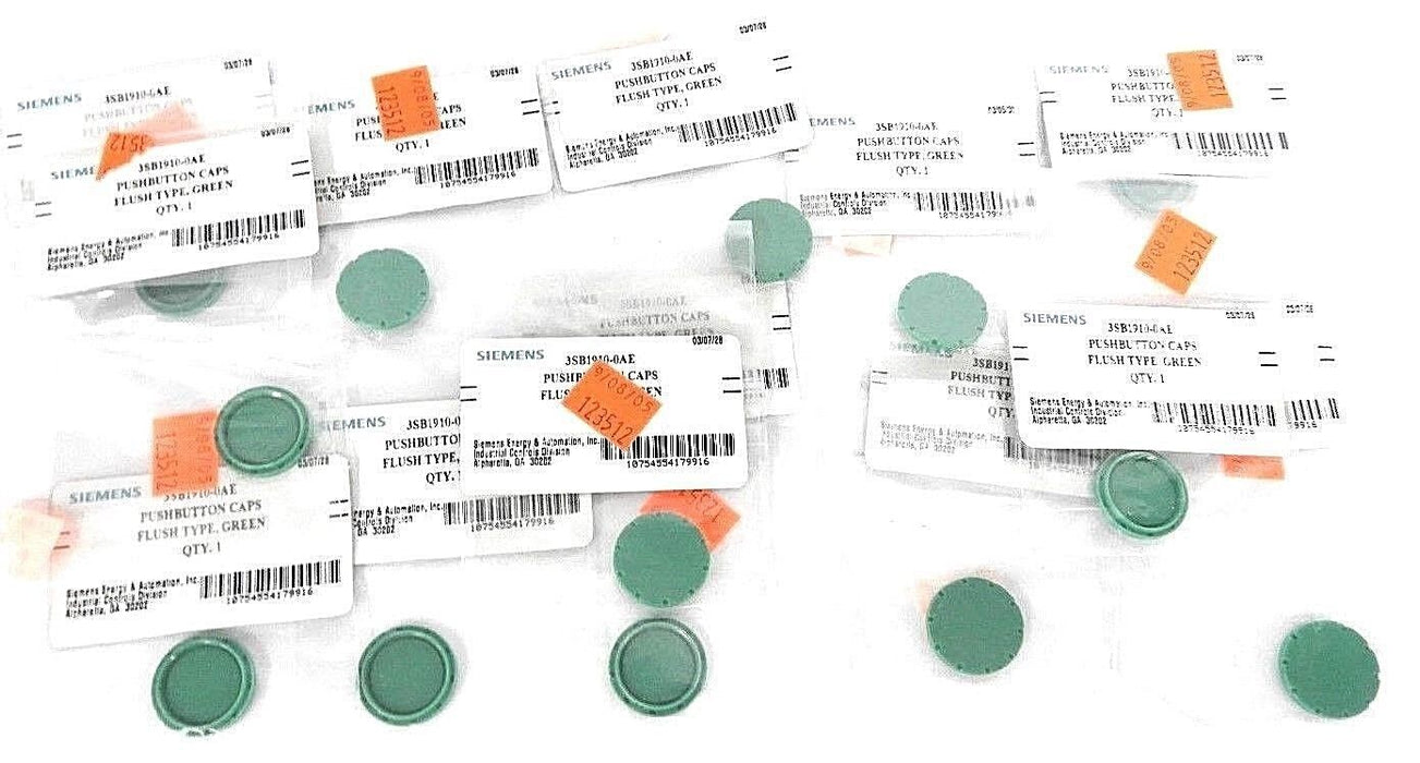 LOT OF 13 NEW SIEMENS 3SB1-910-0AE PUSHBUTTON CAPS FLUSH TYPE, GREEN, 3SB19100AE