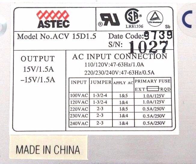 NIB ASTEC ACV-15D1.5 POWER SUPPLY 15V, 1.5 AMP, P/N 73-385-021