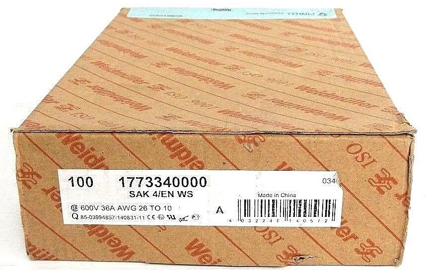 BOX OF 100 NEW WEIDMULLER 1773340000 SAK 4/EN WS, 600V 36A AWG 26 TO 10