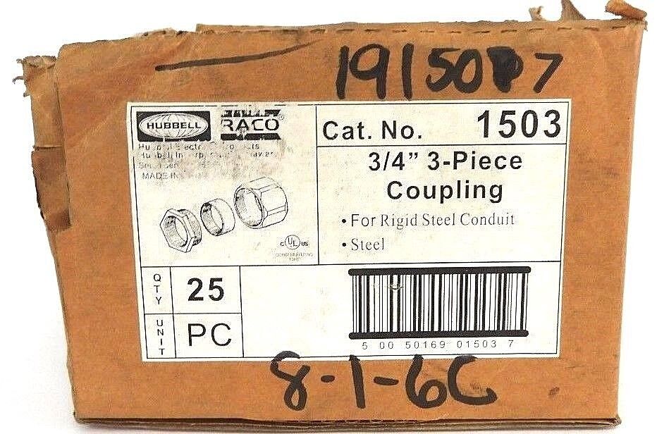 BOX OF 9 NEW HUBBELL RACO 1503 3/4" 3-PIECE COUPLINGS