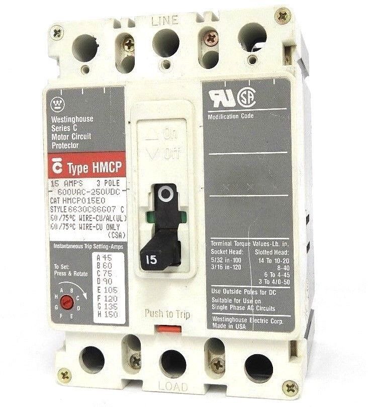 WESTINGHOUSE HMCP015E0 CIRCUIT BREAKER STYLE: 6630C86G07, SER. C, 15AMP, 3-POLE