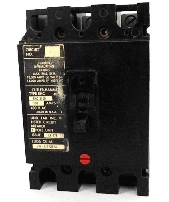 CUTLER HAMMER EHC3100 CIRCUIT BREAKER TYPE EHC, 100AMPS, 480V, 3P, LF-778