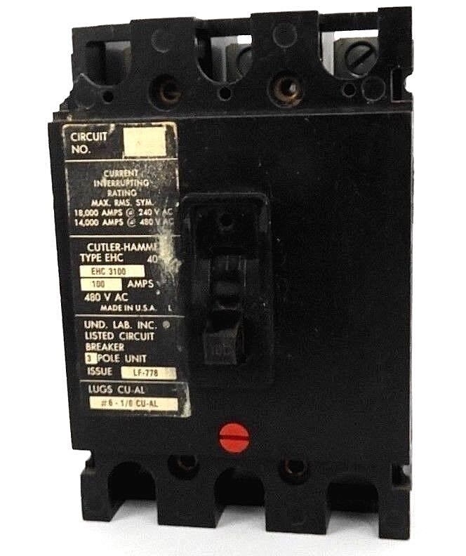 CUTLER HAMMER EHC3100 CIRCUIT BREAKER TYPE EHC, 100AMPS, 480V, 3P, LF-778