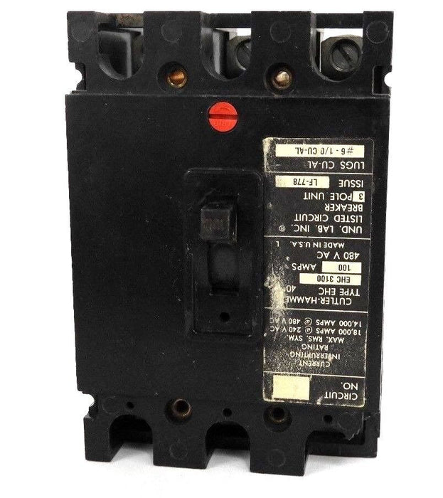 CUTLER HAMMER EHC3100 CIRCUIT BREAKER TYPE EHC, 100AMPS, 480V, 3P, LF-778