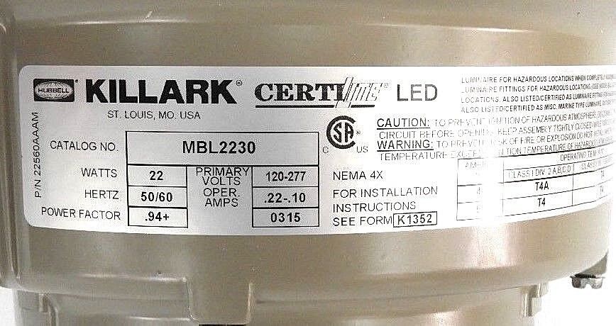 NIB HUBBELL KILLARK MBL2230 MBL LED LIGHTING FIXTURE 22W, 120-277V, 50/60HZ