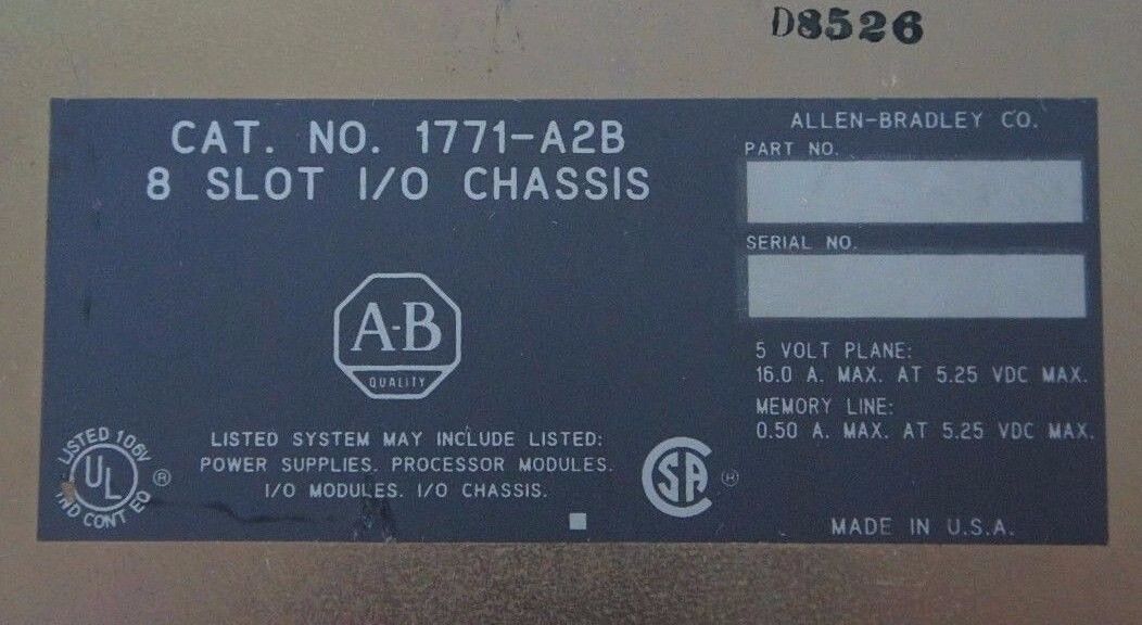ALLEN BRADLEY 1771-A2B I/O CHASSIS 8 SLOT 960188-01FT10