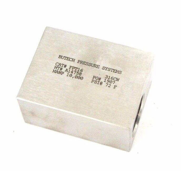 NEW BUTECH PRESSURE SYSTEMS CAT # FPT16 FEMALE BLOCK TEE 316CW HT# A14758