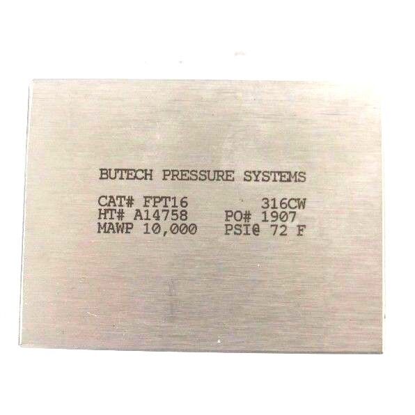 NEW BUTECH PRESSURE SYSTEMS CAT # FPT16 FEMALE BLOCK TEE 316CW HT# A14758