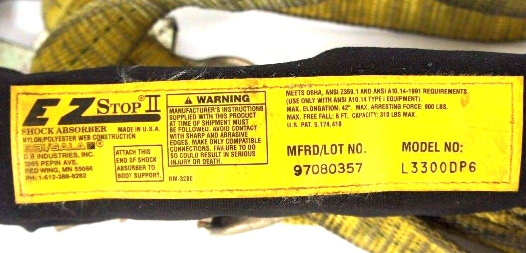 EZ STOP II MODEL NO. L3300DP6 SHOCK ABSORBING LANYARD MFRD/LOT NO. 97080357