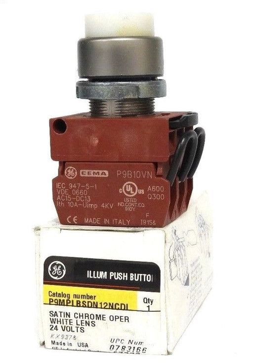 NIB GENERAL ELECTRIC P9MPLBSDN12NCDI SATIN CHROME OPER WHITE LENS 24V PUSHBUTTON