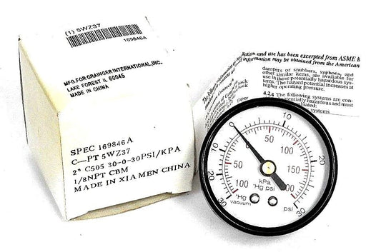 NIB GRAINGER C-PT5WZ37 PRESSURE GAUGE 2" 30-0-30 PSI/KPA, CPT5WZ37