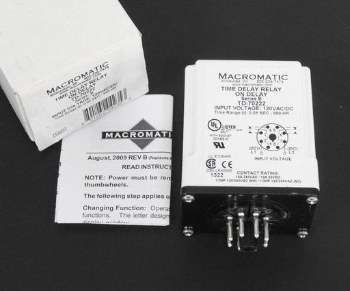 NIB MACROMATIC TD-70222 TIME DELAY RELAY SERIES B, 120V, 0.05SEC-999HR, TD70222