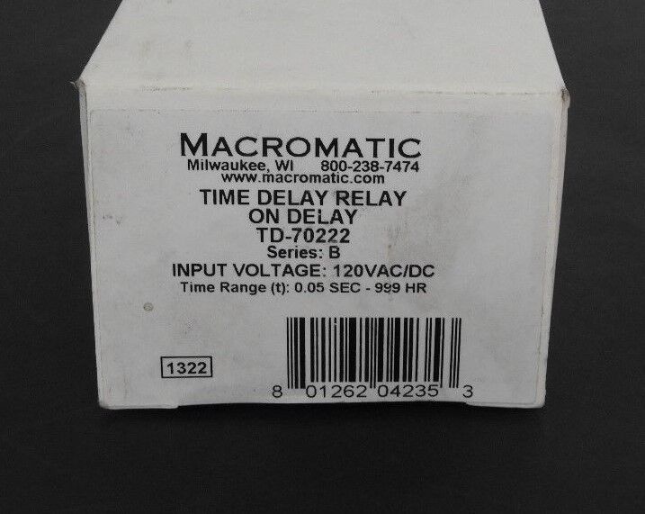 NIB MACROMATIC TD-70222 TIME DELAY RELAY SERIES B, 120V, 0.05SEC-999HR, TD70222