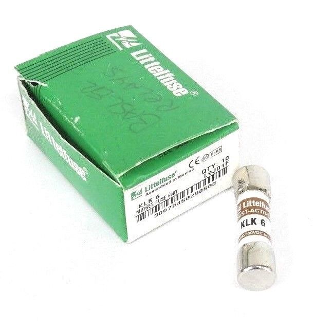 BOX OF 10 NEW LITTELFUSE KLK 6 MIDGET FUSES 600V, KLK6