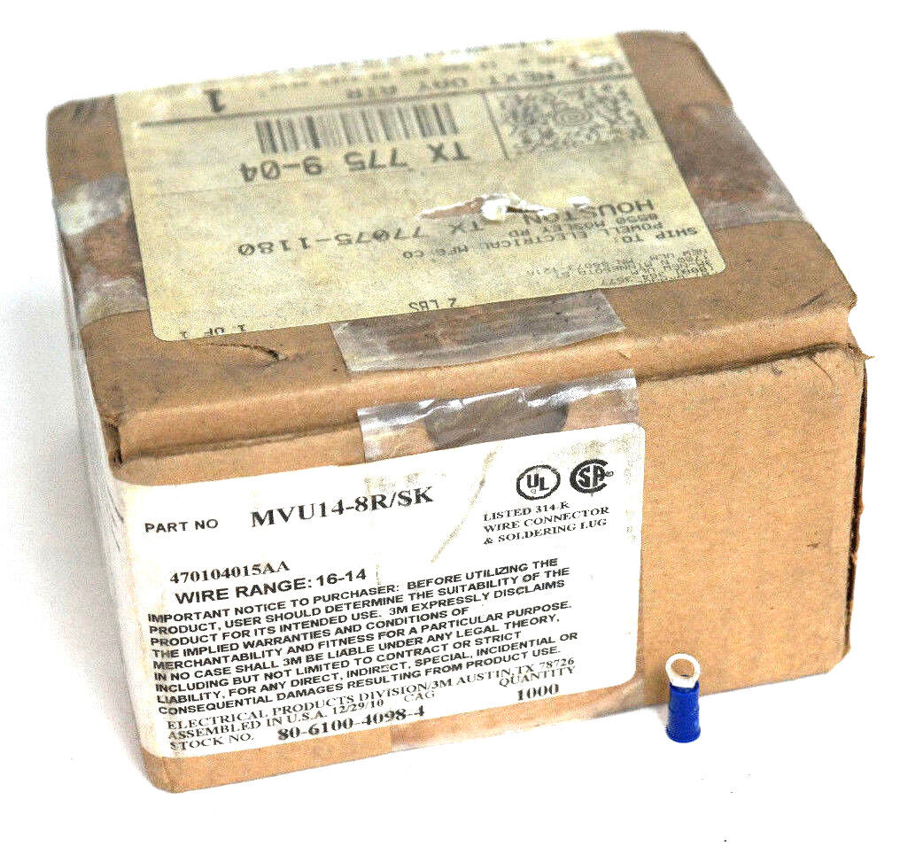 BOX OF 1000 NEW 3M MVU14-8R/SK RING TONGUE TERMINALS, 16-14 AWG, #8, MVU148RSK