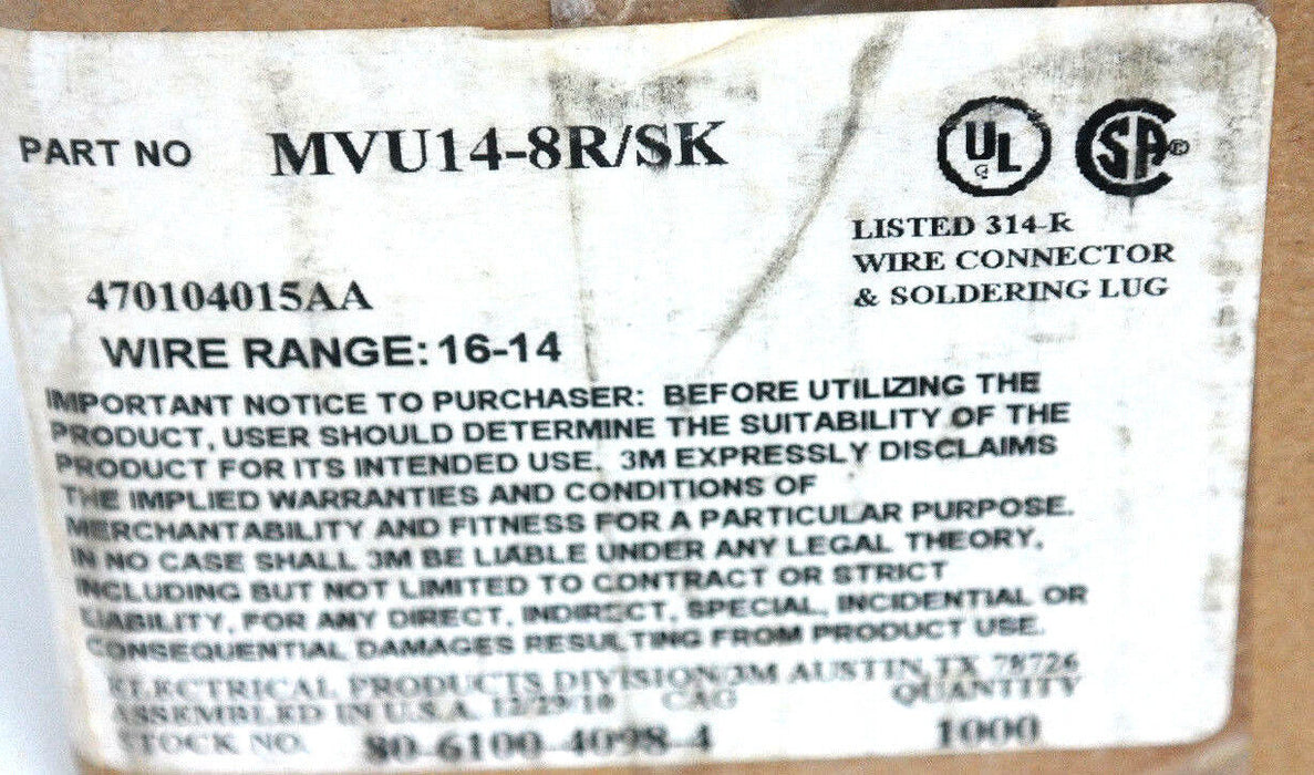 BOX OF 1000 NEW 3M MVU14-8R/SK RING TONGUE TERMINALS, 16-14 AWG, #8, MVU148RSK