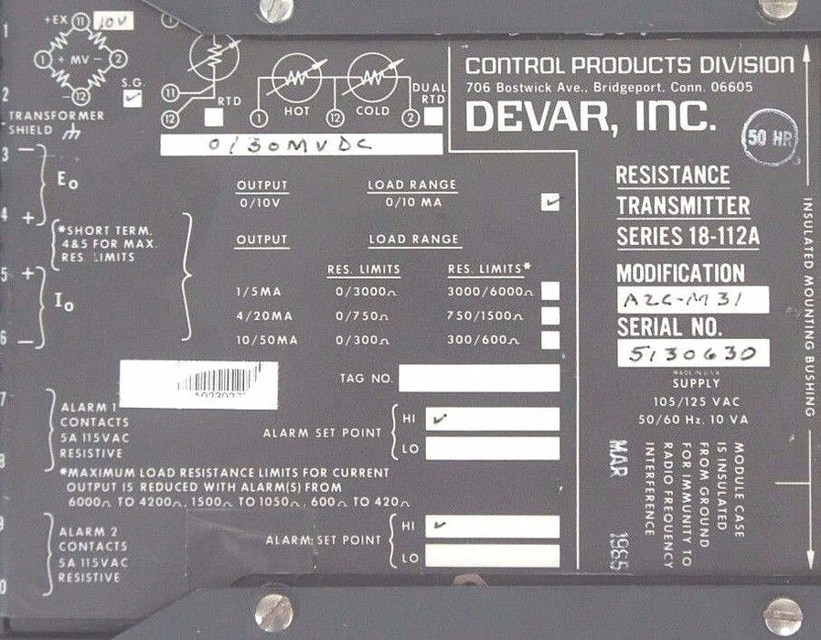 CONTROL PRODUCTS DEVAR INC. SERIES 18-112A RESISTANCE TRANSMITTER MOD. A2C-M31
