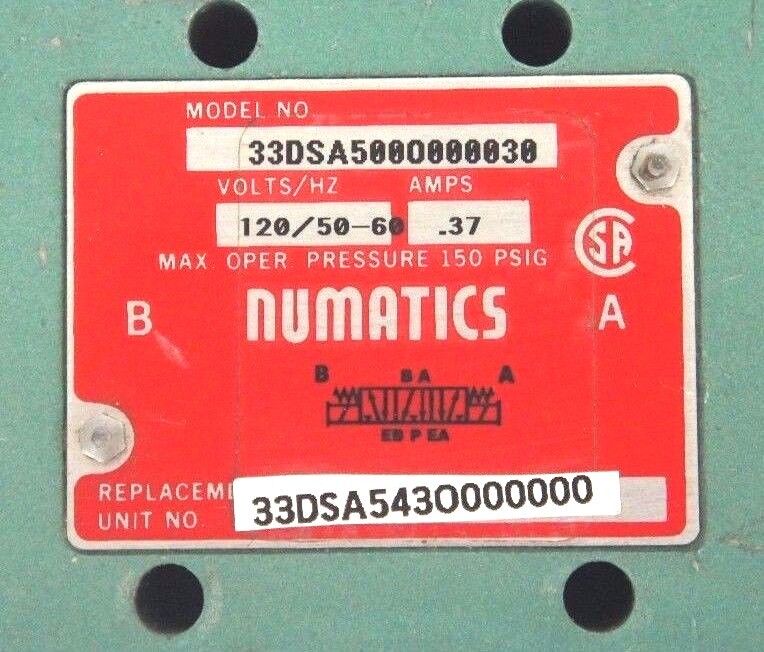 NUMATICS 33DSA500O000030 PNEUMATIC VALVE 120V, 50/60HZ, 0.37 AMP