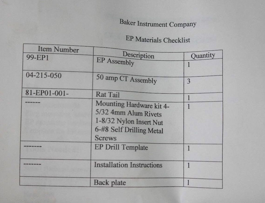 NIB BAKER EP1-50A EP INSTALL KIT 99-EP1, 05-215-050, 81-EP01-001, 6-50 AMP
