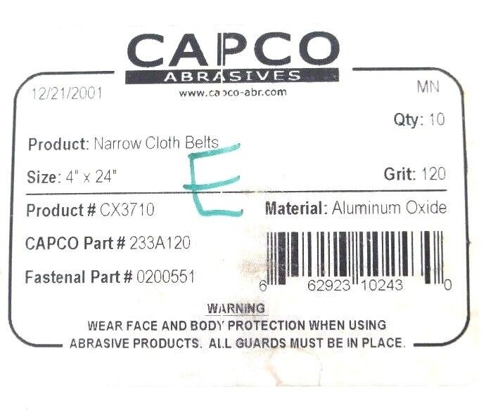BOX OF 10 NEW CAPCO CX3710 NARROW ABRASIVE CLOTH BELTS 120 GRIT, 4" X 24"