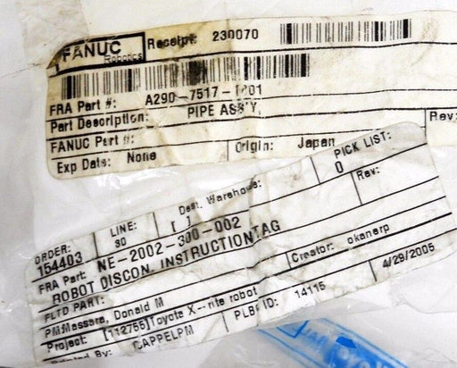 NEW FANUC ROBOTICS A290-7517-T401 PIPE ASSEMBLY A2907517T401, W/ 2 KOYO 30202R