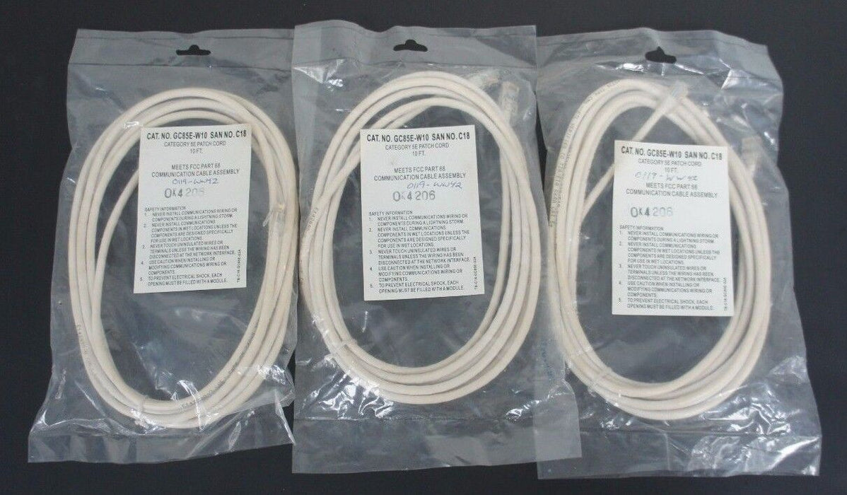 LOT OF 3 NEW GENERIC GC85E-W10 CATEGORY 5E PATCH CORD 10FT GC85EW10