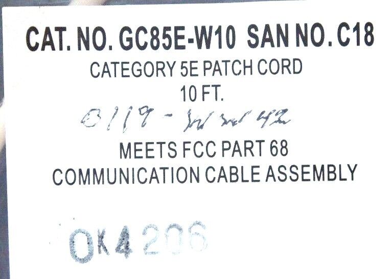LOT OF 3 NEW GENERIC GC85E-W10 CATEGORY 5E PATCH CORD 10FT GC85EW10