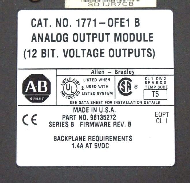 ALLEN BRADLEY 1771-OFE1 ANALOG OUTPUT MODULE SER B, F/W REV B W/ 1771-WC