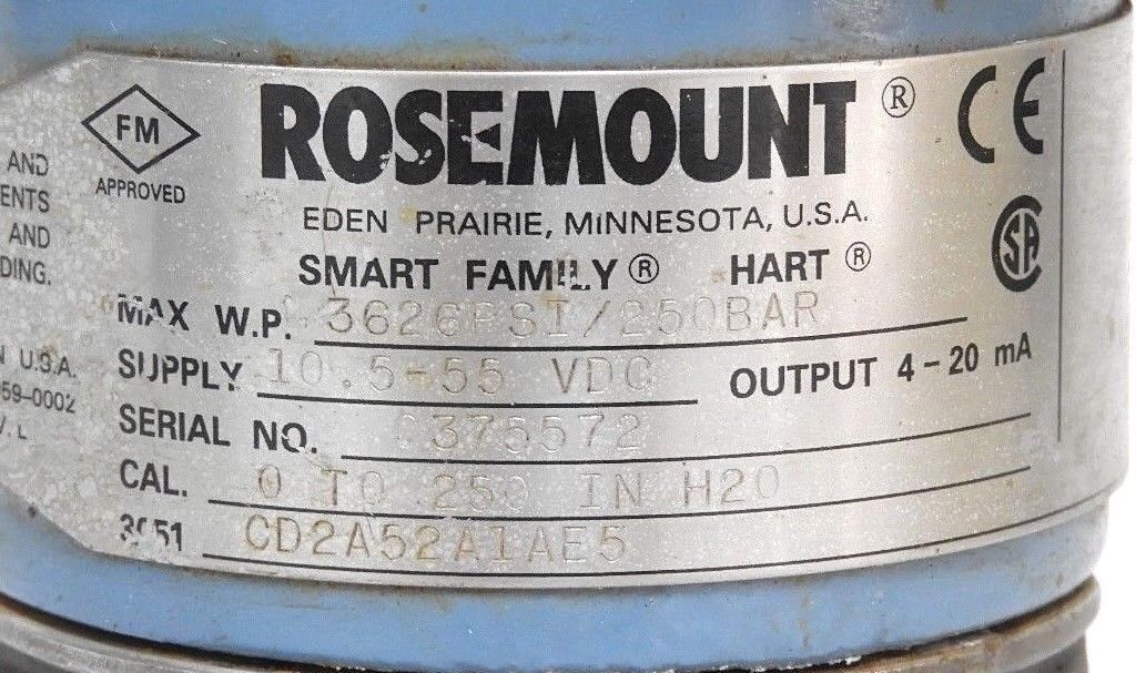 ROSEMOUNT 3051CD2A52A1AE5 SMART FAMILY HART TRANSMITTER 10.5-55 VDC